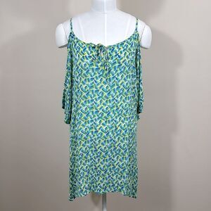 Coco + Carmen Blue Green Rayon Beach Cover-up Mini Dress Tunic Cold Shoulder S/M
